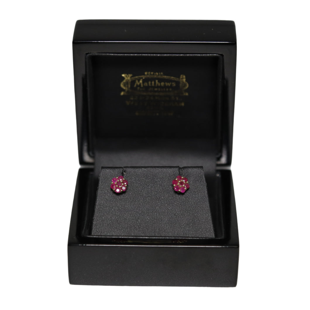 9ct Yellow Gold Ruby Flower Cluster Stud Earrings