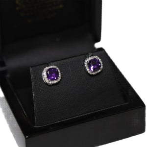 9ct White Gold Amethyst and Diamond Cluster Stud Earrings