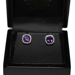 9ct White Gold Amethyst and Diamond Cluster Stud Earrings