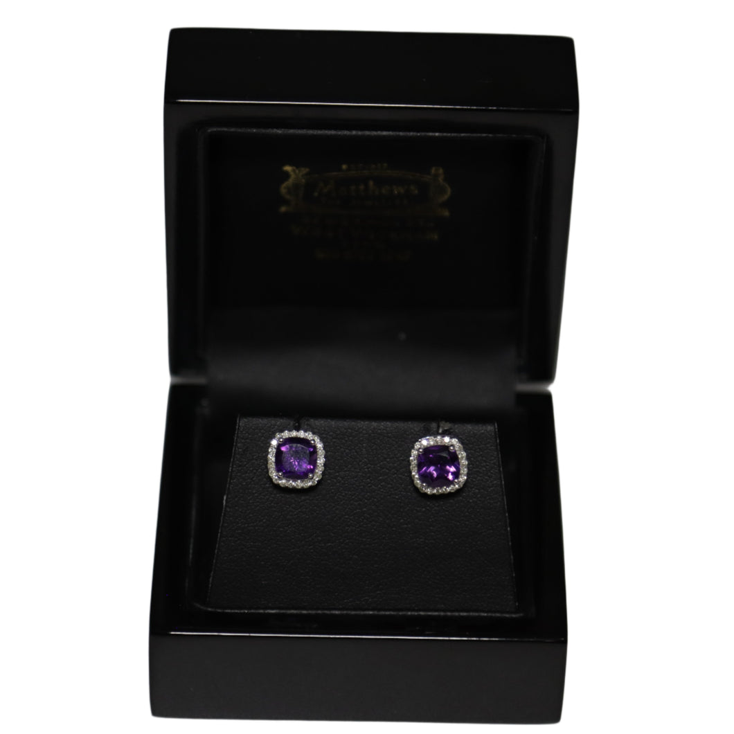 9ct White Gold Amethyst and Diamond Cluster Stud Earrings