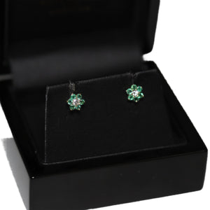 9ct Yellow Gold Emerald and Diamond Flower Cluster Stud Earrings