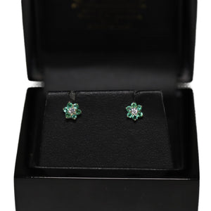 9ct Yellow Gold Emerald and Diamond Flower Cluster Stud Earrings