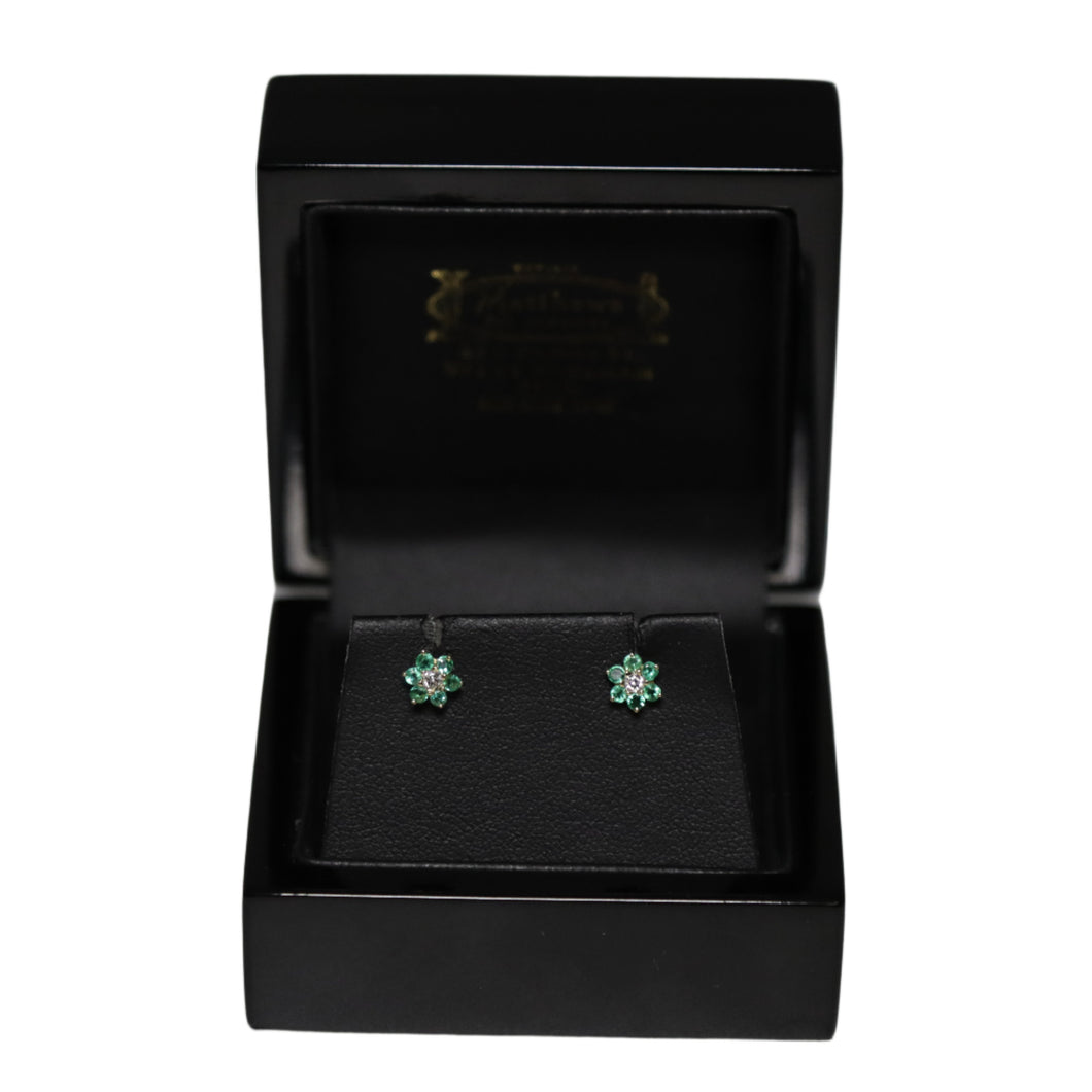 9ct Yellow Gold Emerald and Diamond Flower Cluster Stud Earrings