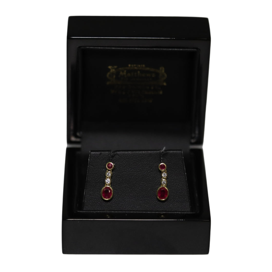 18ct Yellow Gold Rub Set Ruby and Diamond Drop Earrings