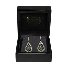 Load image into Gallery viewer, 9ct 2 Colour Gold Central Emerald and Diamond Set Tear Drop Loop Drop Earrings
