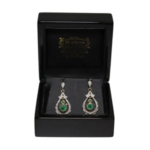9ct 2 Colour Gold Central Emerald and Diamond Set Tear Drop Loop Drop Earrings