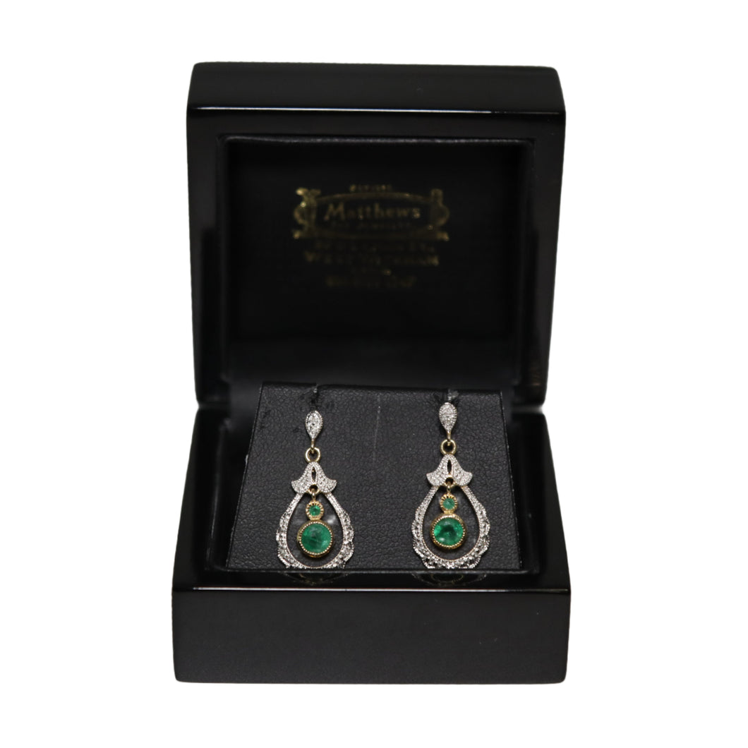 9ct 2 Colour Gold Central Emerald and Diamond Set Tear Drop Loop Drop Earrings