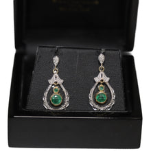 Load image into Gallery viewer, 9ct 2 Colour Gold Central Emerald and Diamond Set Tear Drop Loop Drop Earrings
