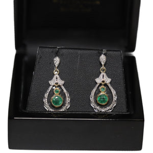 9ct 2 Colour Gold Central Emerald and Diamond Set Tear Drop Loop Drop Earrings