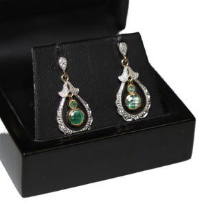 9ct 2 Colour Gold Central Emerald and Diamond Set Tear Drop Loop Drop Earrings