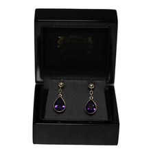 Load image into Gallery viewer, 9ct Yellow Gold Rub Set Amethyst From Chain Button Drop Earrings
