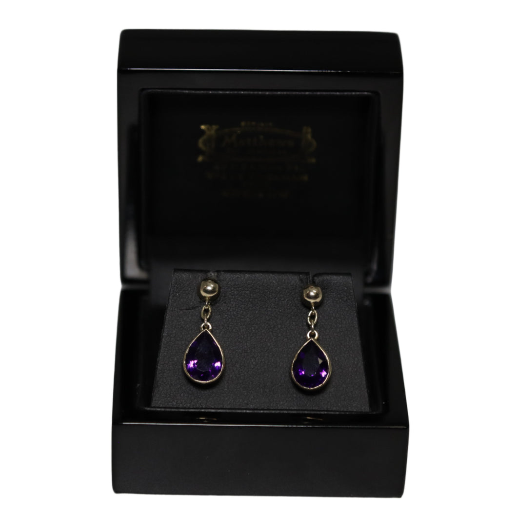 9ct Yellow Gold Rub Set Amethyst From Chain Button Drop Earrings