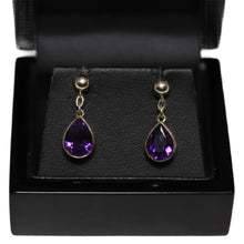 Load image into Gallery viewer, 9ct Yellow Gold Rub Set Amethyst From Chain Button Drop Earrings
