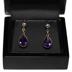 9ct Yellow Gold Rub Set Amethyst From Chain Button Drop Earrings