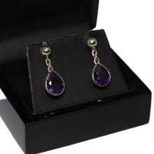 Load image into Gallery viewer, 9ct Yellow Gold Rub Set Amethyst From Chain Button Drop Earrings
