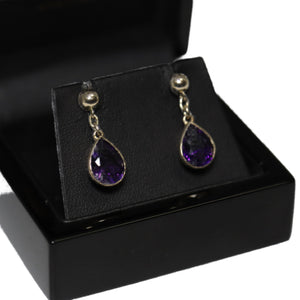 9ct Yellow Gold Rub Set Amethyst From Chain Button Drop Earrings
