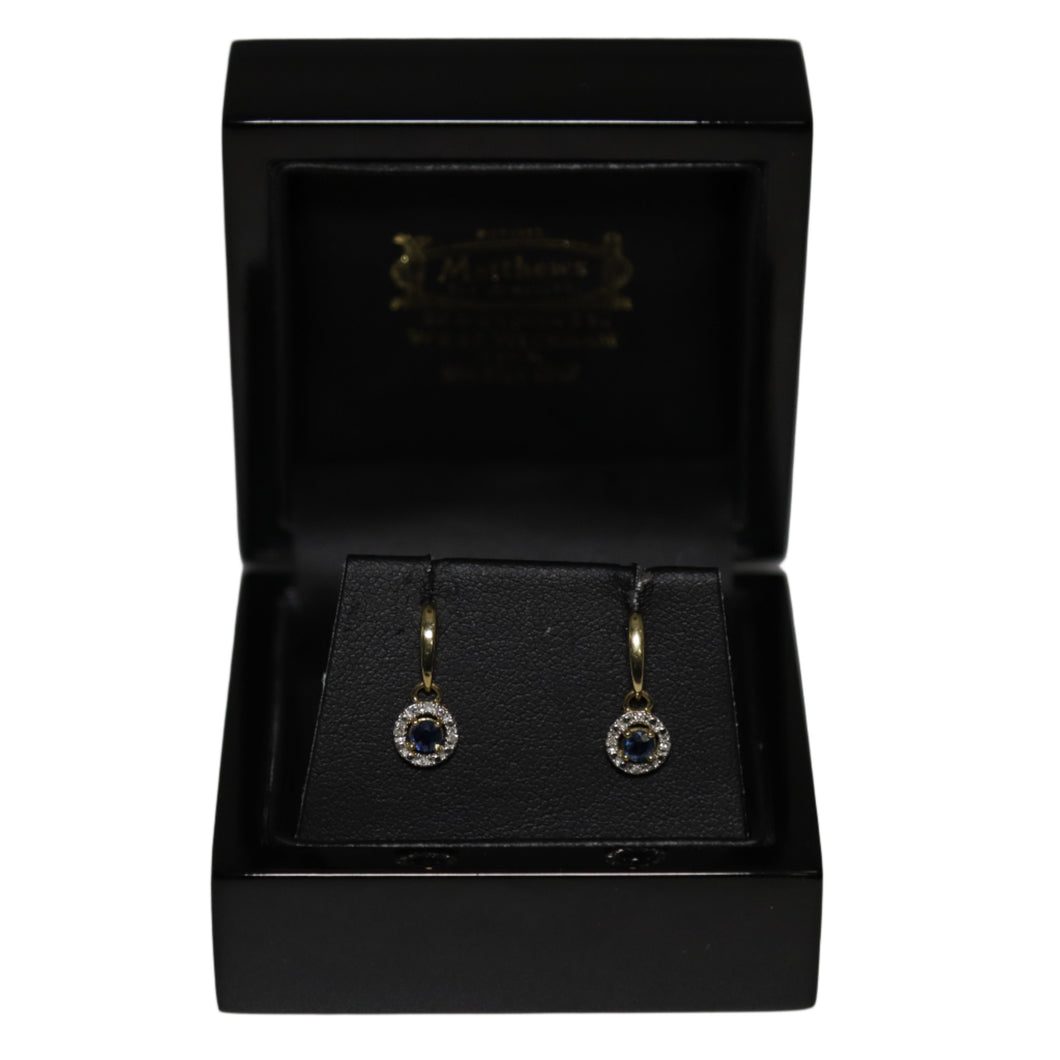 9ct Yellow Gold Sapphire and Diamond Cluster from Curved Bar Drop Earrings