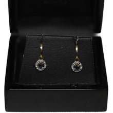 Load image into Gallery viewer, 9ct Yellow Gold Sapphire and Diamond Cluster from Curved Bar Drop Earrings
