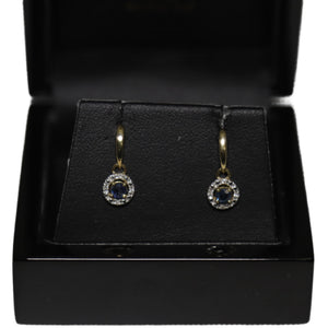 9ct Yellow Gold Sapphire and Diamond Cluster from Curved Bar Drop Earrings