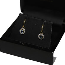 Load image into Gallery viewer, 9ct Yellow Gold Sapphire and Diamond Cluster from Curved Bar Drop Earrings
