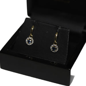 9ct Yellow Gold Sapphire and Diamond Cluster from Curved Bar Drop Earrings