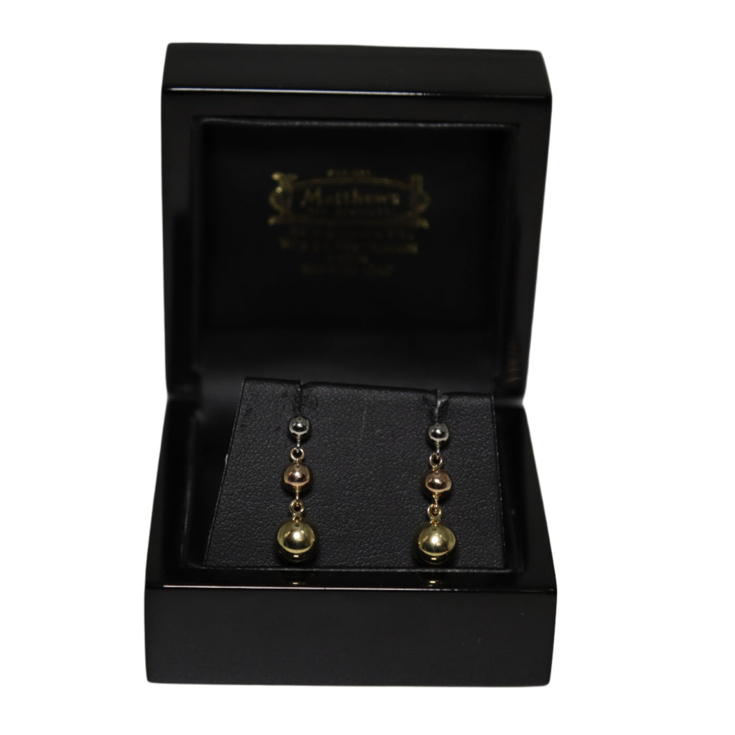 9ct 3 Colour Gold Graduated Ball Drop Earrings