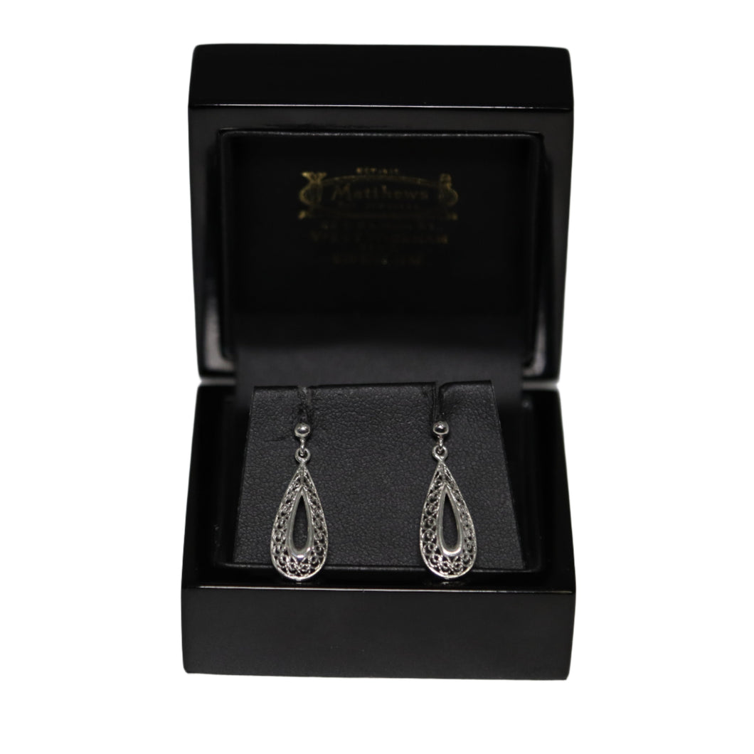 9ct White Gold Open Tear Drop Filigree from Ball Drop Earrings
