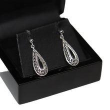 Load image into Gallery viewer, 9ct White Gold Open Tear Drop Filigree from Ball Drop Earrings
