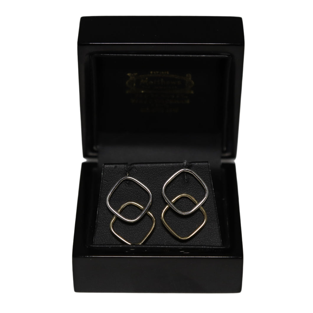 9ct 2 Colour Gold Curved Corner Overlaid Open Square Drop Earrings