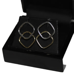 9ct 2 Colour Gold Curved Corner Overlaid Open Square Drop Earrings