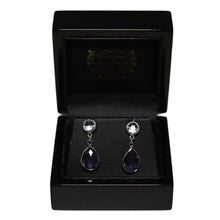 Load image into Gallery viewer, 9ct White Gold Tear Drop Amethyst and Round Blue Topaz Drop Earrings
