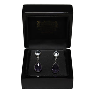 9ct White Gold Tear Drop Amethyst and Round Blue Topaz Drop Earrings