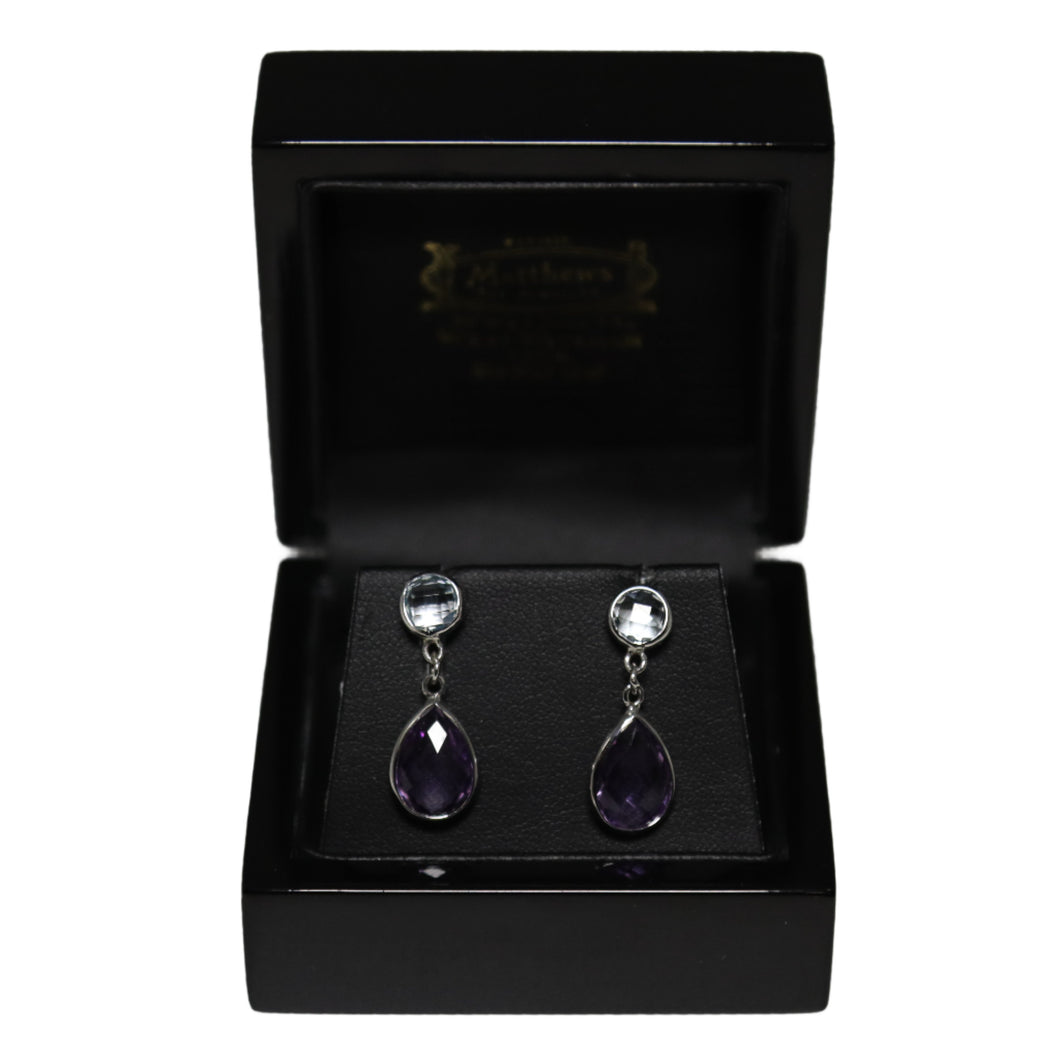 9ct White Gold Tear Drop Amethyst and Round Blue Topaz Drop Earrings