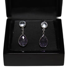 Load image into Gallery viewer, 9ct White Gold Tear Drop Amethyst and Round Blue Topaz Drop Earrings
