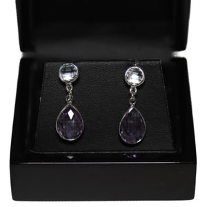 9ct White Gold Tear Drop Amethyst and Round Blue Topaz Drop Earrings