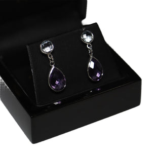 9ct White Gold Tear Drop Amethyst and Round Blue Topaz Drop Earrings