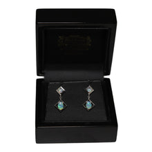 Load image into Gallery viewer, 18ct White Gold Offset Open Squares with Double Opal and Diamond Detail Drop Earrings
