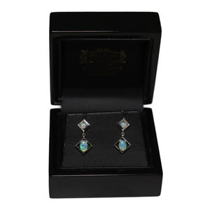 18ct White Gold Offset Open Squares with Double Opal and Diamond Detail Drop Earrings