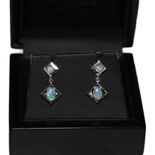 Load image into Gallery viewer, 18ct White Gold Offset Open Squares with Double Opal and Diamond Detail Drop Earrings
