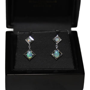 18ct White Gold Offset Open Squares with Double Opal and Diamond Detail Drop Earrings