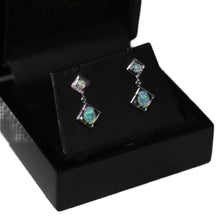 Load image into Gallery viewer, 18ct White Gold Offset Open Squares with Double Opal and Diamond Detail Drop Earrings
