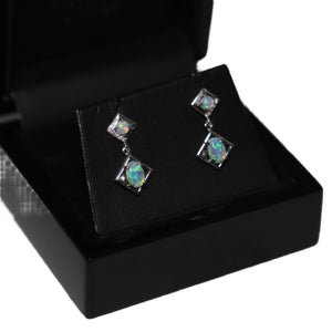 18ct White Gold Offset Open Squares with Double Opal and Diamond Detail Drop Earrings