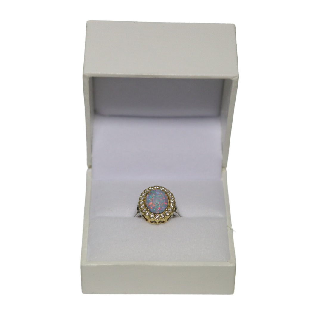 18ct Yellow and White Gold Oval Opal and Diamond Cluster Ring