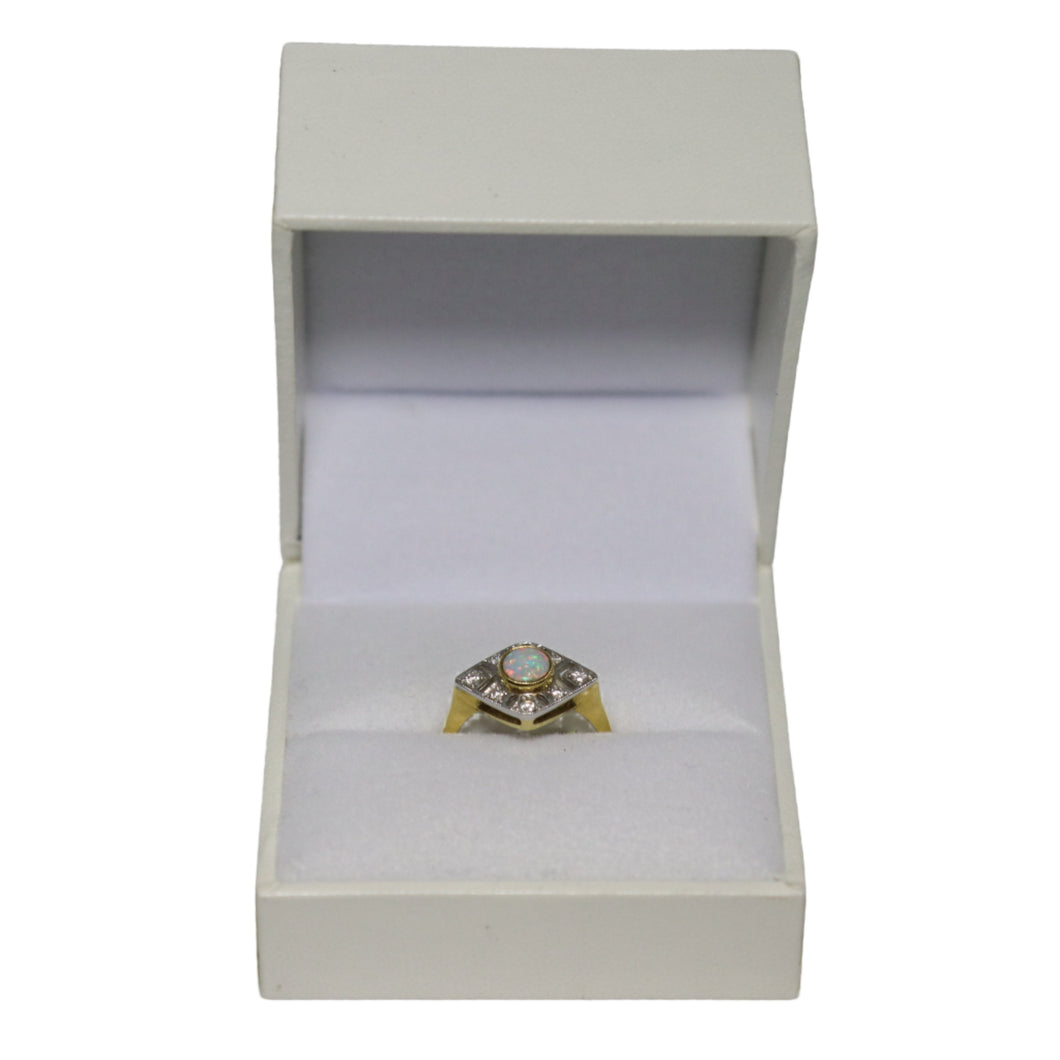 18ct Yellow Gold Art Deco Style Diamond Shape Head with Central Opal Ring