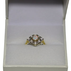18ct Yellow Gold Art Deco Style Diamond Shape Head with Central Opal Ring