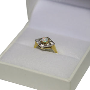 18ct Yellow Gold Art Deco Style Diamond Shape Head with Central Opal Ring