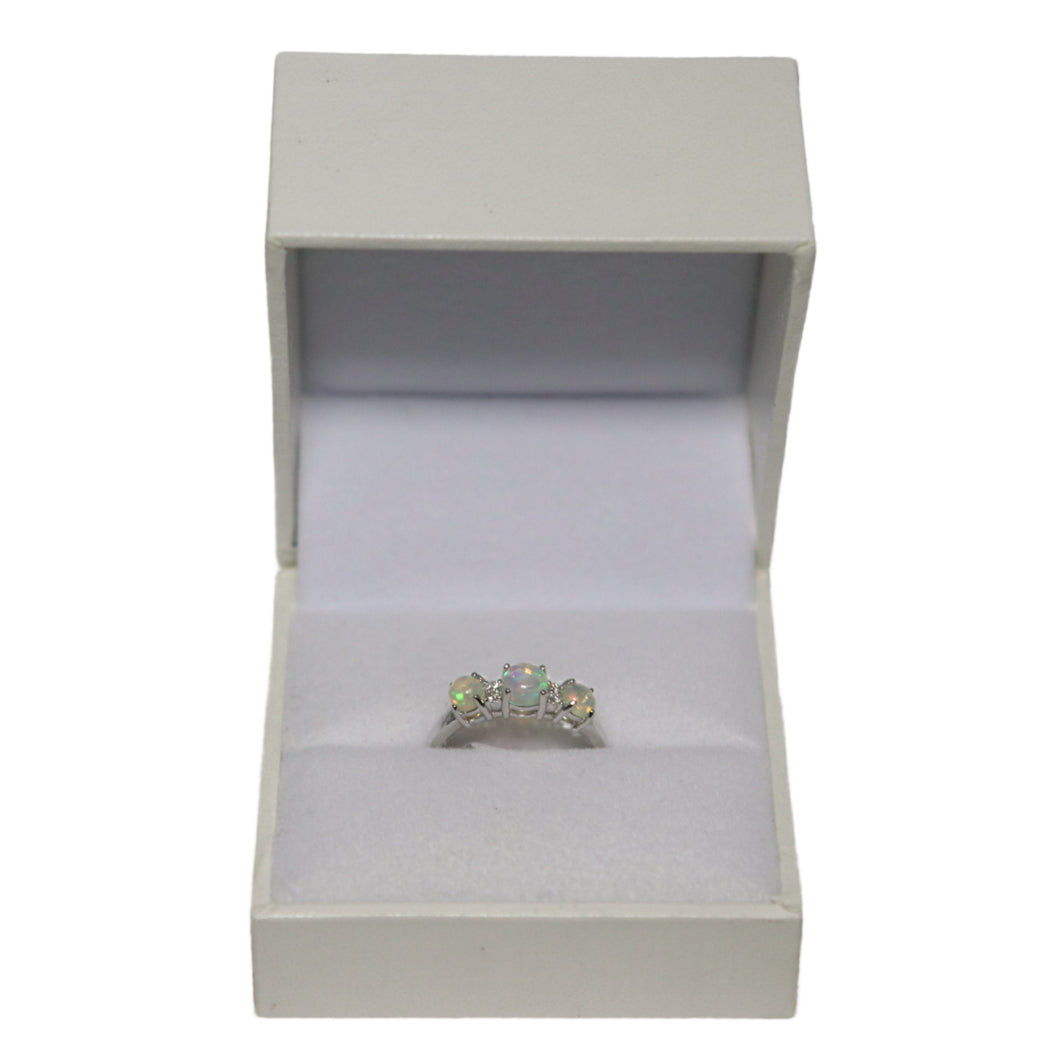 9ct White Gold 3 Cabochon Opal and 4 Diamond Ring