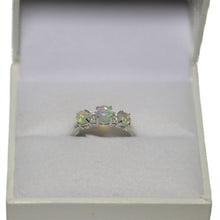 Load image into Gallery viewer, 9ct White Gold 3 Cabochon Opal and 4 Diamond Ring
