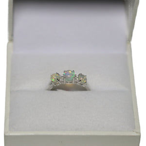 9ct White Gold 3 Cabochon Opal and 4 Diamond Ring