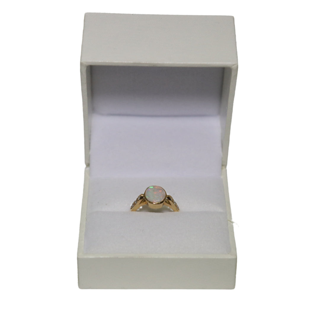 18ct Rose Gold Oval Rub Set Opal with Diamond Shoulders Ring
